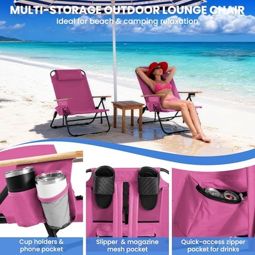 2 Pack Premium 5-Position Reclining Camping Chair - Portable Folding Lightweight Outdoor Chair with Wooden Armrests, Headrest & Pockets, 350lbs Heavy Duty for Beach, Patio, Backyard, Pink