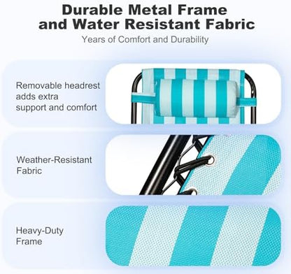 Nazhura Set of 2 Relaxing Recliners Patio Chairs Adjustable Steel Mesh Zero Gravity Lounge Chair Beach Chairs with Pillow and Cup Holder (Light Blue Stripe)