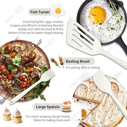 HaWare 11 PCS Silicone Cooking Utensils Set, Heat Resistant Kitchen Utensils with Holder, Food-grade Spatula Sets for Nonstick Cookware, Kitchen Tools Gadgets Include Fish Turner, Spoon (White)