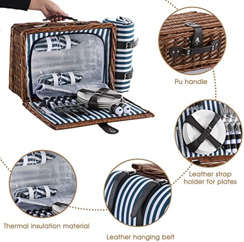 Wicker Picnic Basket for 4 with Blanket and Insulated Cooler