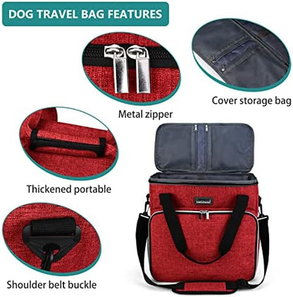 BAGLHER Dog Travel Bag, Pet Travel Bag (ALL Pet Travel Supplies), With 2 Pet Food Containers and 2 Collapsible Silicone Bowls; Essential Kits for Travel Red