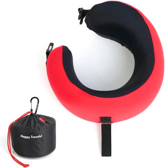C CUSHION LAB Travel Pillow, Award-Winning Patented Ergonomic Design for Chin & Neck Support Memory Foam Neck Pillow, Compact Airplane Pillow for Traveling, Flight, Car (Bold Red, Medium)