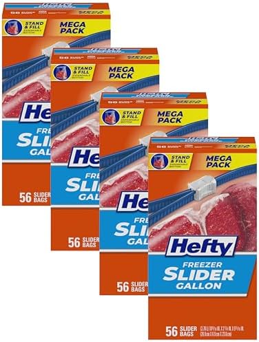 Hefty Slider 1 Gallon Freezer Bags, Gallon Slider Bags for Freezer, Holds Raw Meat, Soups, Prepped Fruits and Veggies, and More, Writable Label, Secure Zip_and Click Closure 56 Count (Pack of 4)
