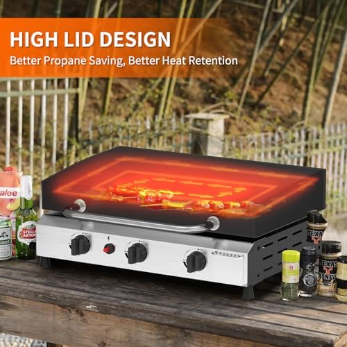 SKOK 3 Burners Outdoor Tabletop Gas Griddle with Hood, Flat Top Grill