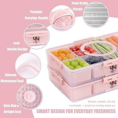 Stackable Snackle Box Container with 2 Lids, 14 Compartments - BPA-Free Snackle box Organizer, Dishwasher & Microwave Safe Reusable Snacklebox for Veggies, Fruits, Charcuterie, Snacks (Pink, 2 Pack)