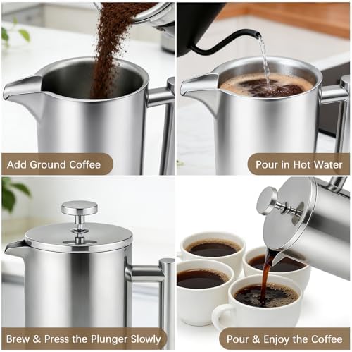 French Press Coffee Maker, 304 Grade Stainless Steel French Press with 2 Extra Filters for Home, Office, Travel, Camping - 34OZ/1 Litre (Sliver)