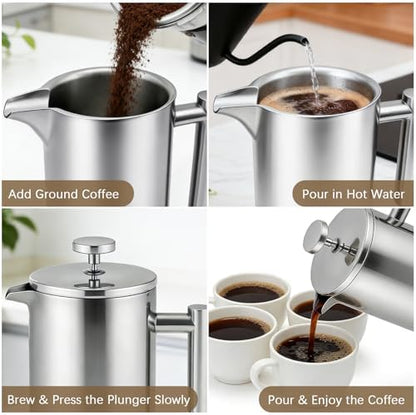 French Press Coffee Maker, 304 Grade Stainless Steel French Press with 2 Extra Filters for Home, Office, Travel, Camping - 34OZ/1 Litre (Sliver)