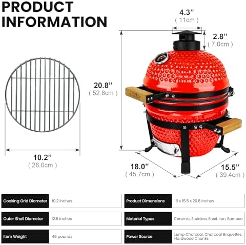 London Sunhine 13-Inch Ceramic Kamado Grill, Waterproof Vent Cap, Red