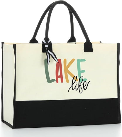 Lake Life Tote Bag for Women Waterproof Personalized Beach Bag Canvas Bag Funny by HODREU