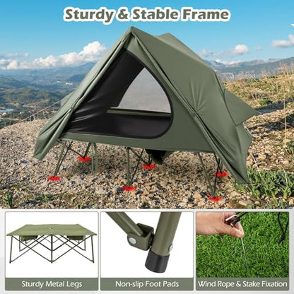 Tangkula 2 in 1 Tent Cot, 2-Person Portable Off-Ground Elevated Camping Tent with Cot, Removable Rainfly, Wheeled Bag, Stakes & Wind Ropes for Outdoor Hiking, Picnic, Travel