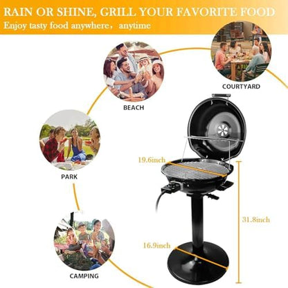 Electric Grill, Techwood Indoor/Outdoor Electric BBQ Grill, 1600W Portable Removable Stand Grill with Adjustable Heat & Drip Tray, Double Layer Design for Party, Patio & Backyard (Black)
