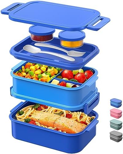 DaCool Bento Box Adults Lunch Container - 74 OZ Stackable Leakproof Bento Lunch Box for Adults Men Boys Teens Large Lunch Box Containers with Fork Spoon Sauce Boxes for Work School Dining Out, Blue