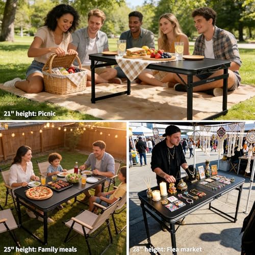 Folding Camping Table, Black Aluminum Frame,3-Position Adjustable Height,Lightweight Carry Handle, Portable for Travel, Camping Outdoor Use, 4FT x 2FT(Large), Black