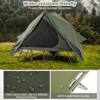 Tangkula 2 in 1 Tent Cot, 2-Person Portable Off-Ground Elevated Camping Tent with Cot, Removable Rainfly, Wheeled Bag, Stakes & Wind Ropes for Outdoor Hiking, Picnic, Travel