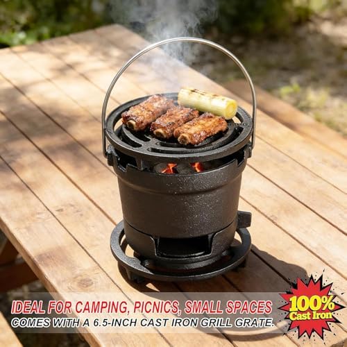 2-in-1 Hibachi Grill & S'mores Maker, 100% Pre-Seasoned Cast Iron, 6.5" Mini Small Portable Charcoal BBQ Grill for Outdoor Camping - 2 Heights, Draft Door