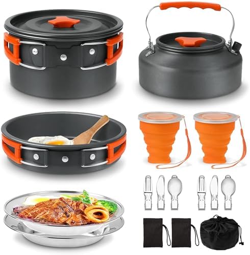 Camping Cooking Set Camping Cookware Outdoor Aluminum Mess Kit with Frying Pan, Pot with Lid, 1.2L Kettle Set and 2 Stainless Steel Plate, 2 Folding Cups and 2 Set Knives Spoons for Backpacking Picnic