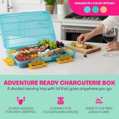 SubSafe Charcuterie Safe - BPA-Free, Food Safe Charcuterie Board with Lid & Handle - Portable Snack Tray Organizer with Dividers, Mini Containers & Cheese Knife - Dishwasher Safe - Blue