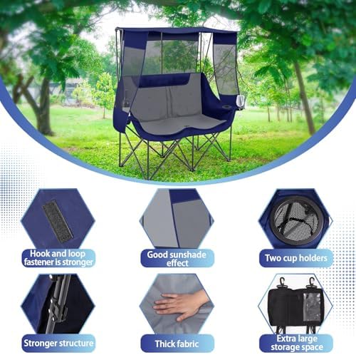 Teenyyou Double Camping Chair with Canopy 660lbs Heavy Duty, Blue and Grey