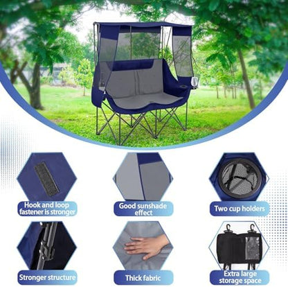 Teenyyou Double Camping Chair with Canopy 660lbs Heavy Duty, Blue and Grey