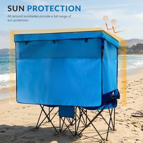 Double Beach Chair with Canopy Shade Oversized Camping Chairs with Canopy, Cooler Bag & Cup Holder Folding Loveseat for Camp Fishing Beach