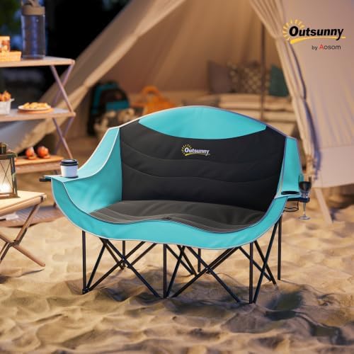 Outsunny Double Camping Chair for Adults, Padded Folding Camp Chair for 2 Person with Armrest, Wine Glass Holder, Cup Holder, Carry Bag for Outdoor Sports, Picnics, Supports up to 552 lbs.