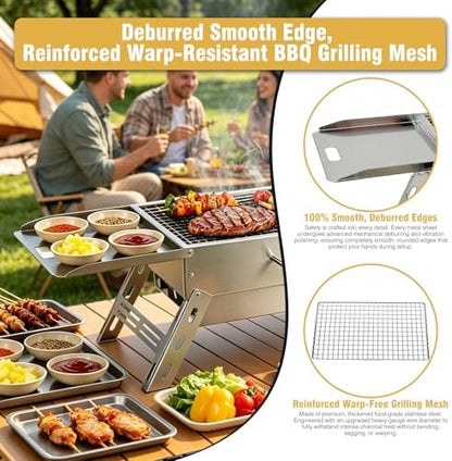 Portable Tabletop Charcoal Grill, Foldable Stainless Steel Mini BBQ Grill with Carry Bag, Lightweight Small Camping Picnic Travel Tailgating Patio Grill