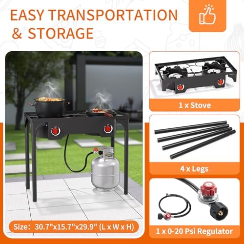 2 Burner Gas Stove, High Pressure Outdoor Propane Burner with Detachable Legs, 150,000 BTU Camping Stove Outdoor Burner with 0-20 PSI Regulator for Camping, Backyard, Outdoor Cooking