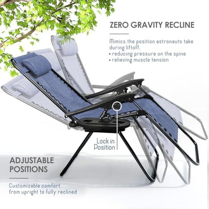 Nestl Zero Gravity Chairs, Portable Patio Lounge Chair Outdoor with Pillows & Cup Holder Trays, Adjustable Steel Mesh Reclining Camping Chair, Folding Patio Lawn Chair for Deck, Beach, Yard - Blue