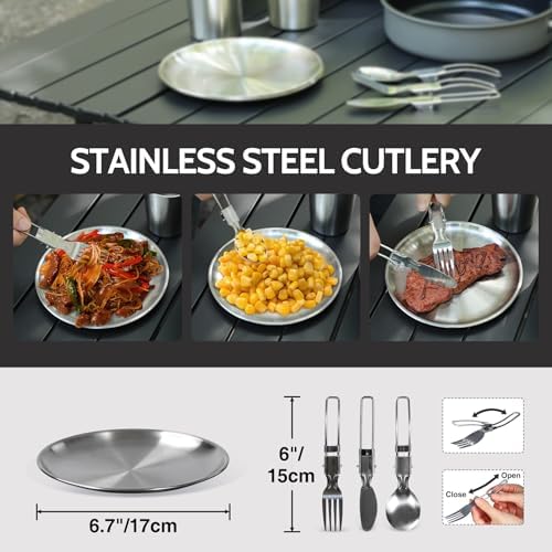 REDCAMP 6/10/11/12/14/15/19 PCS Camping Cookware Mess Kit Camping Gear Campfire Utensils Lightweight Stackable Pot Pan Bowls Soup Spoon with Storage Bag for Camping, Backpacking, Outdoor Cooking