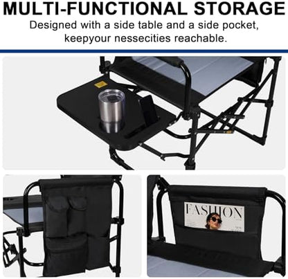 Romswi 2 Pack Folding Director Chair for Outdoor, Heavy Duty Camping Chair with Side Table, Cup Holder & Storage Pockets, Oversized Portable Chair Supports 400 lbs for Fishing, Picnic, Lawn, Black