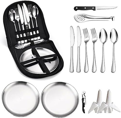 Camping Silverware Kit Cutlery Organizer Utensil Picnic Set Stainless Steel Plate Spoon Clip and Serrated Knife Wine Opener Fork Napkin Hiking - Camp Kitchen BBQ’s