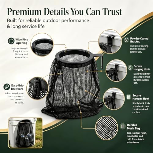 Outdoor Cooler Mesh Trash Bag Attachment,Cooler Can Trash Bag,Tool-Free Trash Can Accessory Fits Most Roto-Molded Coolers for Camping, Fishing, Boats, Pontoons, Kayaks, Truck Beds, SXS & ATV