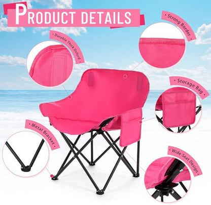 2 Pack Compact Camping Chairs Portable Folding for Outside with Carry Bag Lightweight Moon Chairs for Travel Picnic Hiking Beach Fishing, 600D Oxford, Supports 330lbs(Pink)