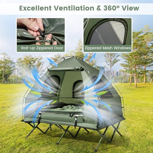 Goplus Camping Tent Cot, 5-in-1 Folding Camping Bed with Air Mattress, Pillow, Sleeping Bag, Waterproof Elevated Tent Shelter, Portable Outdoor Sleeping Cot with Carry Bag for Picnic, Trip