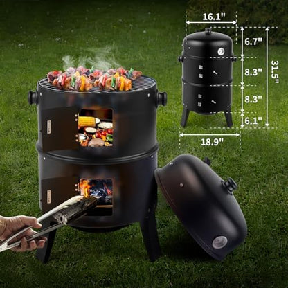 31.5" Portable Adjustable Barrel Charcoal Grill,Metal Outdoor Barbecue Smoker,Heavy Duty Outdoor BBQ Grill,Vertical Camping Barbecue Grill,with Thermometer,for Garden Patio Beach Backyard (Black)