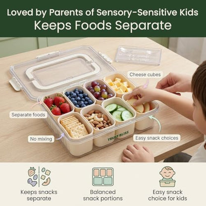 Snackle Box Container 2 Pack with Lid & Handle | BPA-Free 8-Compartment Divided Serving Tray, Snack Tackle Box & Snack Organizer, Portable Charcuterie Board with Lid & Utensil Tray for Party & Travel