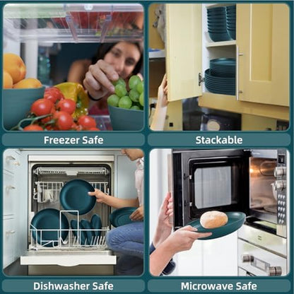 Green Unbreakable Plates and Bowls Sets Microwave and Dishwasher Safe,Dark Green Dinnerware Sets for 8,Christmas Reusable Plastic Dishes Set Lightweight for Elderly Kitchen Adults Camping Outdoor