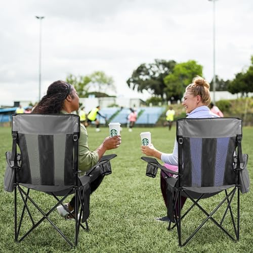 Nazhura 2 Pack Outdoor Camping Chairs Folding/Foldable/Portable with Cooler Pouch, Mesh Backrest and Cup Holder Pocket (Grey, Metal, 2 Pack)