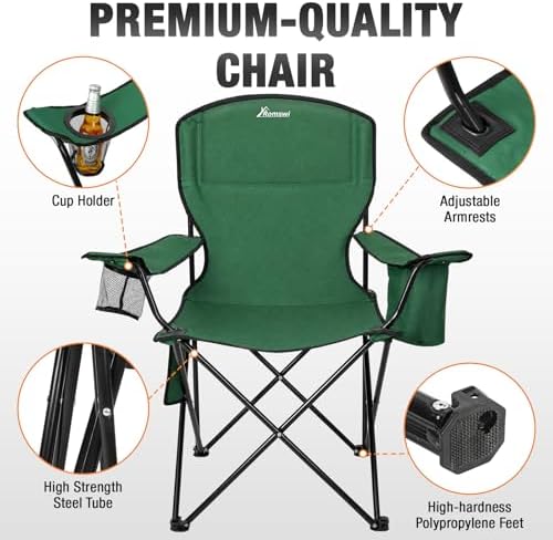Camping Chairs for Adults, 2 Pack Heavy Duty Folding Chair with 4-Can Cooler Bag, Portable Outdoor Chair with Cup Holder, Collapsible for Tailgating, Beach, Fishing, Green