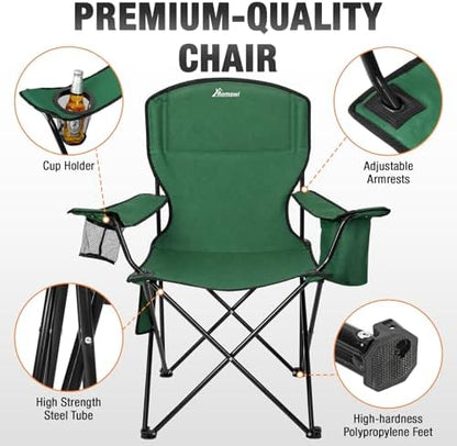 Camping Chairs for Adults, 2 Pack Heavy Duty Folding Chair with 4-Can Cooler Bag, Portable Outdoor Chair with Cup Holder, Collapsible for Tailgating, Beach, Fishing, Green