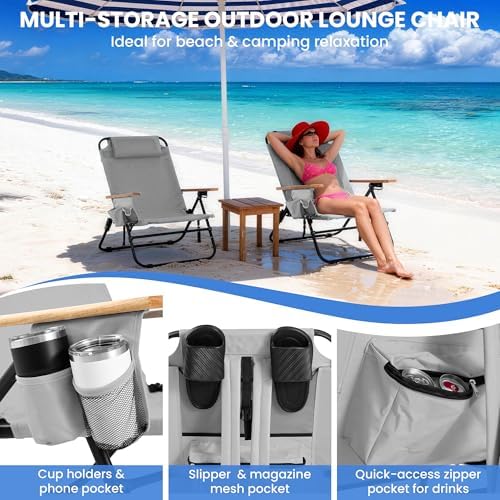 2 Pack Premium 5-Position Reclining Camping Chair - Portable Folding Lightweight Outdoor Chair with Wooden Armrests, Headrest & Pockets, 350lbs Heavy Duty for Beach, Patio, Light Grey