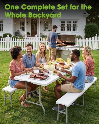 Pureegg 6FT Folding Table and 2 Chairs Set, Sturdy, Picnic, White