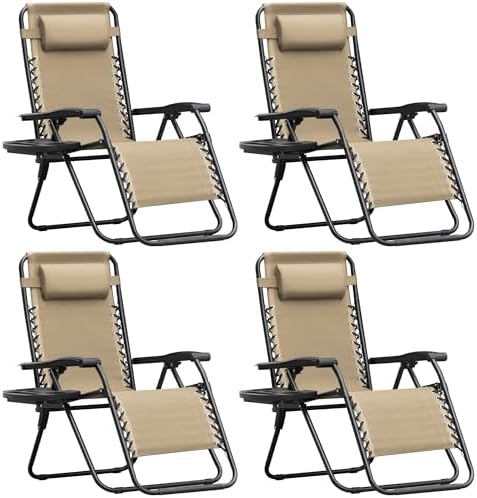 Homall Zero Gravity Chair Patio Folding Lawn Outdoor Lounge Gravity Camp Reclining Lounge Chair with Cup Holder Pillows for Poolside Backyard and Beach Set of 4 (Beige)