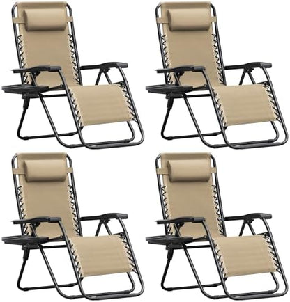 Homall Zero Gravity Chair Patio Folding Lawn Outdoor Lounge Gravity Camp Reclining Lounge Chair with Cup Holder Pillows for Poolside Backyard and Beach Set of 4 (Beige)