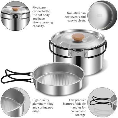 12pcs Outdoor Camping Cookware Kit, Lightweight Stainless Steel Kettle, Non-Stick Pot and pan, with Fork Spoon Kits Suitable for picnics and Backpacking Trips