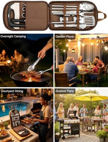 Portable Camping Utensil Set, 15PCS Camping Cookware with Organizer Cooking Kit Stainless Steel Accessories with Knife Fork Spoon RV Essentials Cook Equipment for Picnics BBQs Travel