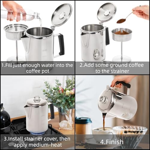 Cididu Camping Coffee Pot Stainless Steel, Coffee Pot Outdoors, Durable Stove Top Brew Coffee Maker on Fire, Ideal for Group Camping, Hiking, Backpacking, RV and Travel, 9 Cups