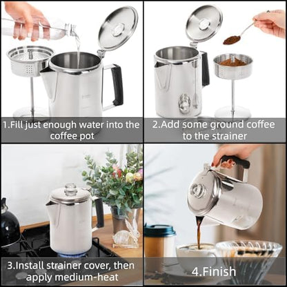 Cididu Camping Coffee Pot Stainless Steel, Coffee Pot Outdoors, Durable Stove Top Brew Coffee Maker on Fire, Ideal for Group Camping, Hiking, Backpacking, RV and Travel, 9 Cups