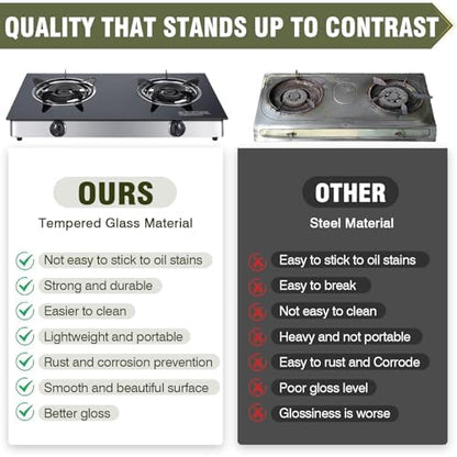 BESTFIRE 2-Burner Propane Gas Cooktop, 30,000 BTU Portable Tempered Glass Stove with Auto-Ignition, CSA Certified Regulator & Hose, Double Burner Stove for Camping, RV & Patio
