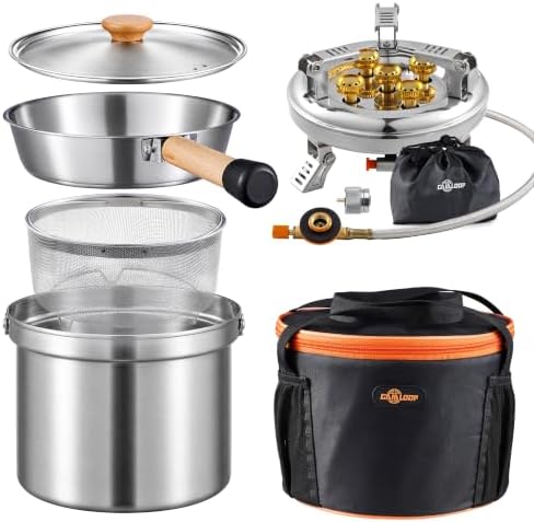 Camping Cookware Set with Stove, Stainless Steel Outdoor Cooking Kit with Pot, Strainer Pot, Frying Pan, Adapter and Storage Bag, Portable Camping Pots and Pans Set for Camping, Hiking, Backpacking